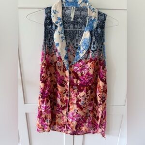 Anthropologie Maeve Button Front Tank Floral Swiss Dot Colorful Boho Womens Lrg